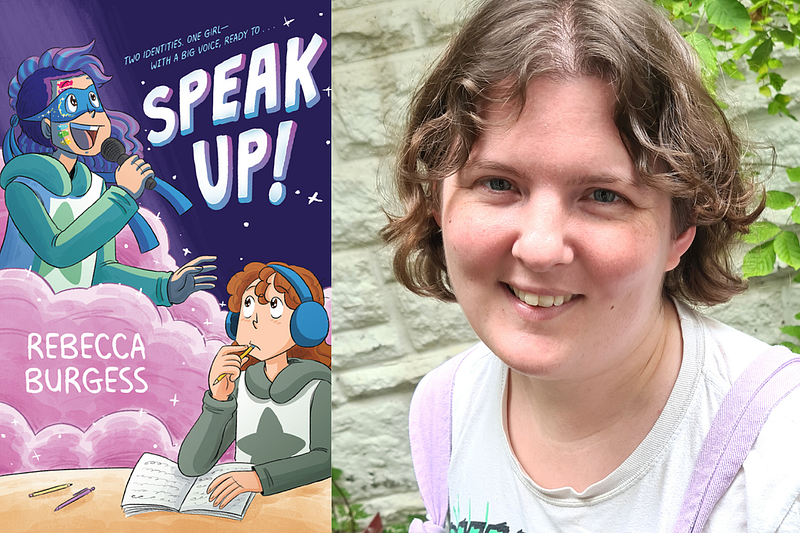 Speak up book cover and Rebecca Burgess author headshot